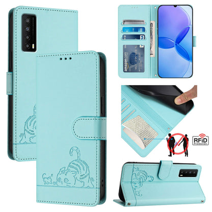 TCL Stylus 5G Leather Phone Case with Cat and Rat Embossed Pattern, RFID Protection, Card Holder Slots, Anti-fall Feature & Lanyard
