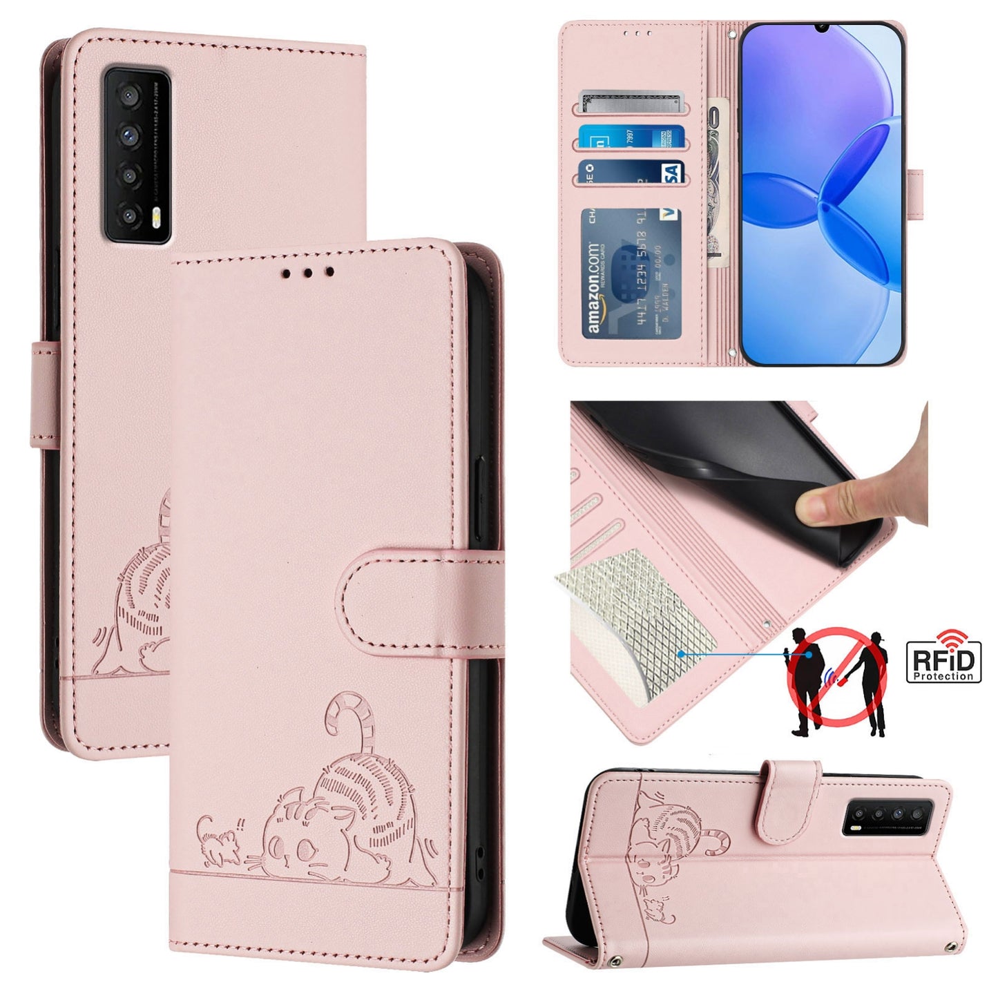 TCL Stylus 5G Leather Phone Case with Cat and Rat Embossed Pattern, RFID Protection, Card Holder Slots, Anti-fall Feature & Lanyard