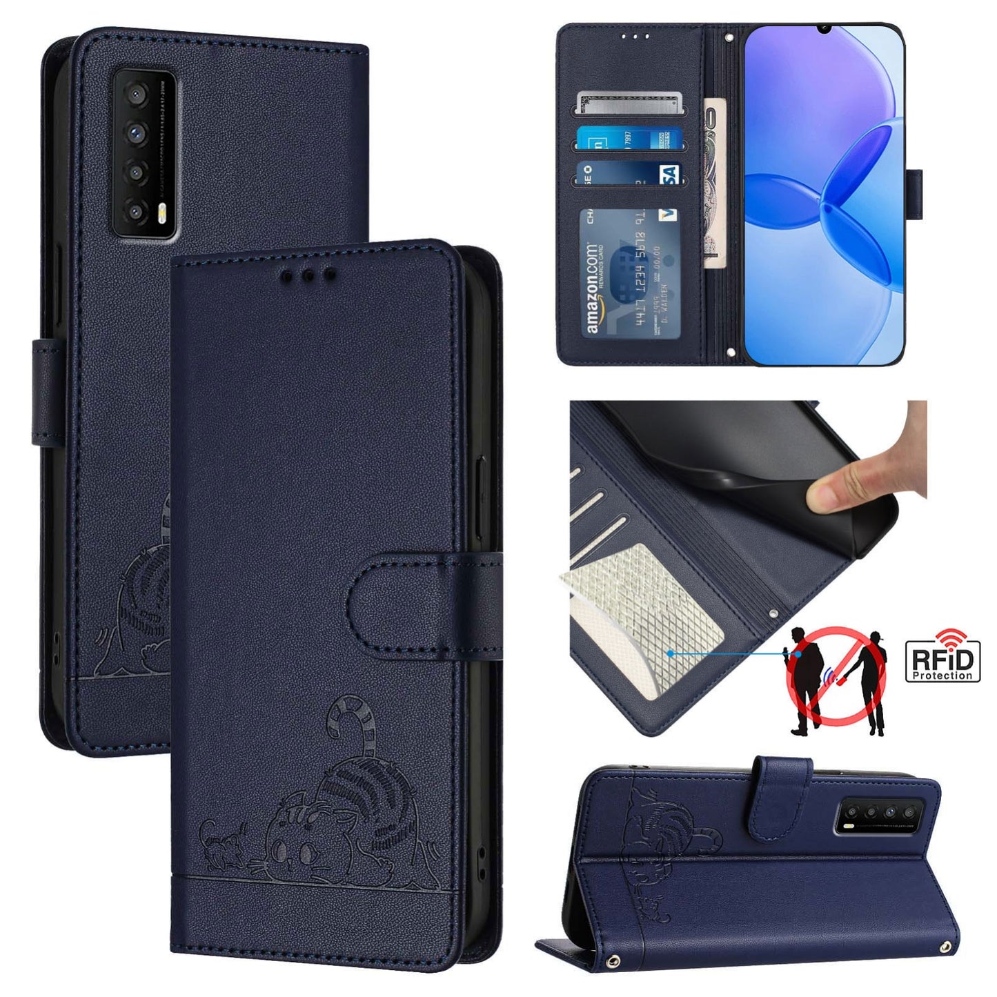TCL Stylus 5G Leather Phone Case with Cat and Rat Embossed Pattern, RFID Protection, Card Holder Slots, Anti-fall Feature & Lanyard