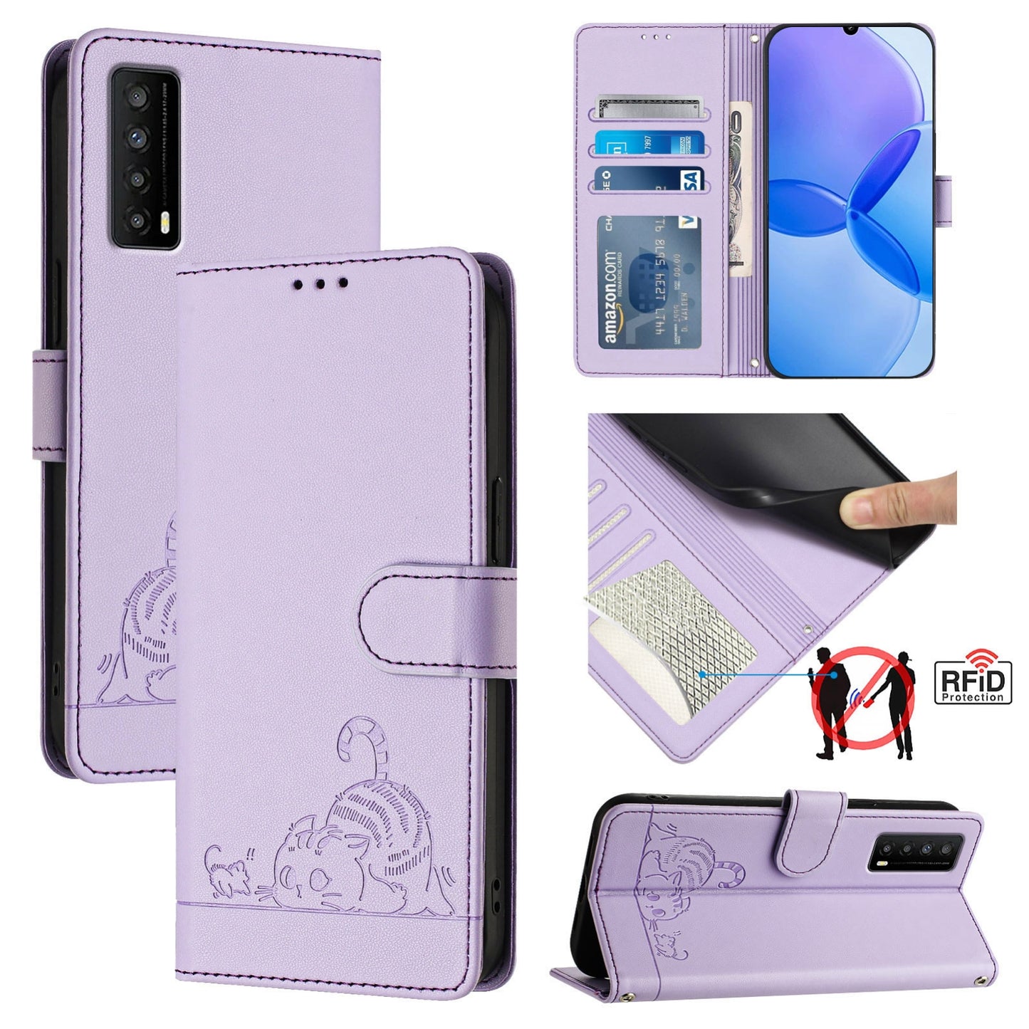 TCL Stylus 5G Leather Phone Case with Cat and Rat Embossed Pattern, RFID Protection, Card Holder Slots, Anti-fall Feature & Lanyard