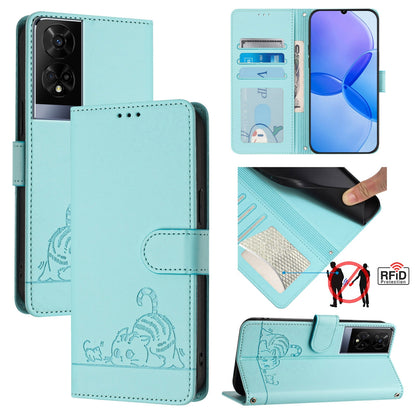 TCL 50 XE Leather Phone Case with Cat and Rat Embossed Pattern, RFID Protection, Card Holder Slots, Anti-fall Feature & Lanyard