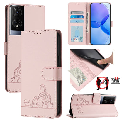 TCL 50 XE Leather Phone Case with Cat and Rat Embossed Pattern, RFID Protection, Card Holder Slots, Anti-fall Feature & Lanyard