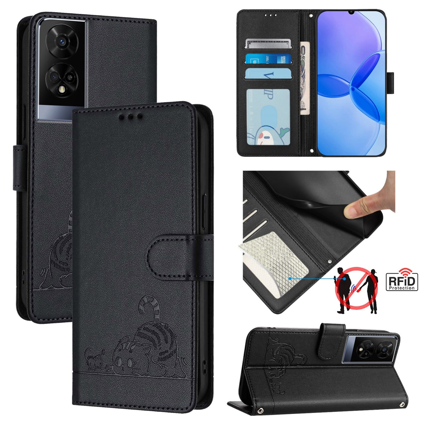 TCL 50 XE Leather Phone Case with Cat and Rat Embossed Pattern, RFID Protection, Card Holder Slots, Anti-fall Feature & Lanyard