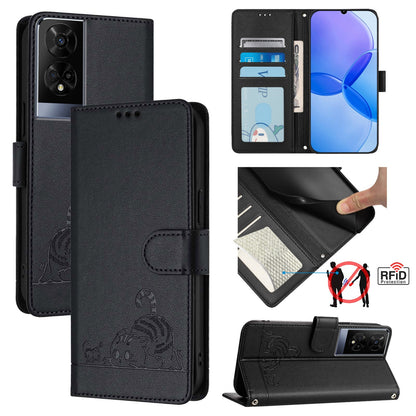 TCL 50 XE Leather Phone Case with Cat and Rat Embossed Pattern, RFID Protection, Card Holder Slots, Anti-fall Feature & Lanyard