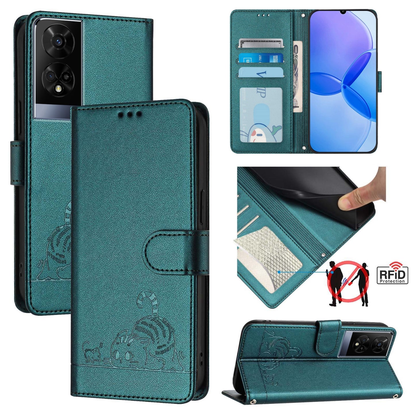 TCL 50 XE Leather Phone Case with Cat and Rat Embossed Pattern, RFID Protection, Card Holder Slots, Anti-fall Feature & Lanyard