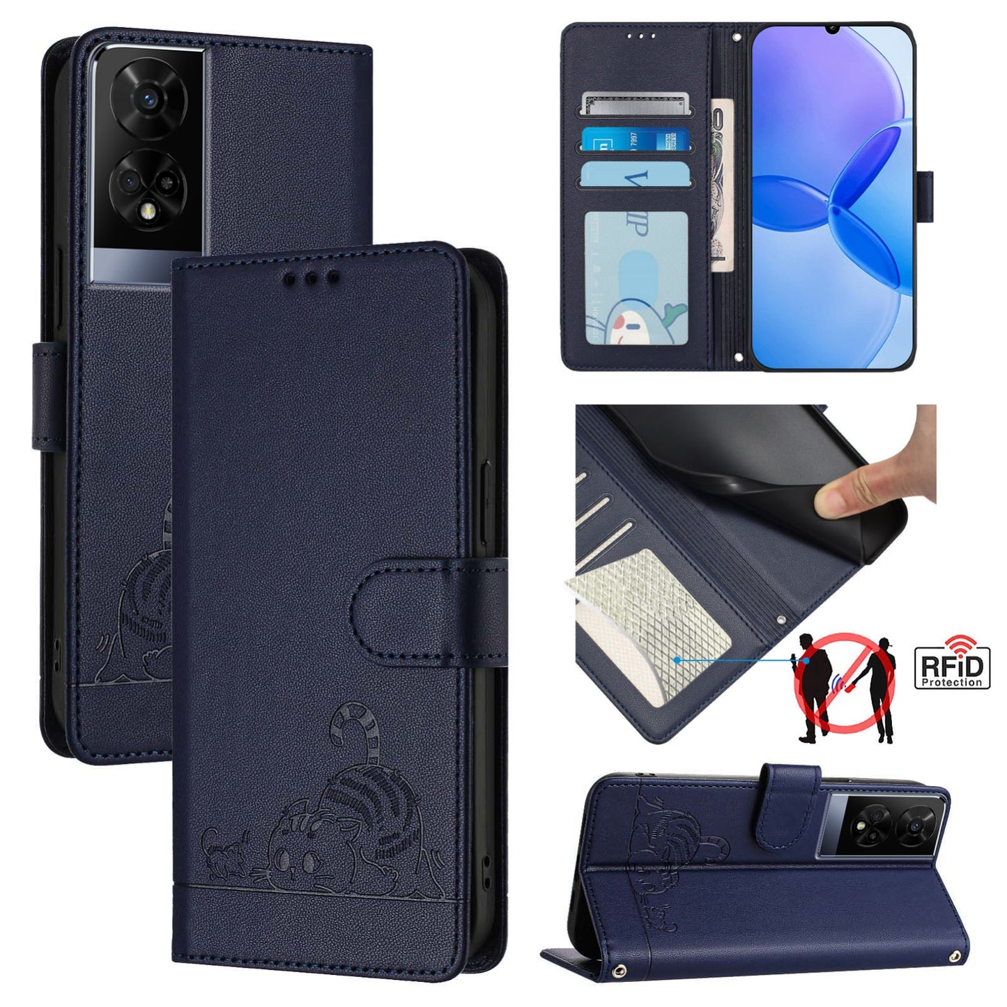 TCL 50 XE Leather Phone Case with Cat and Rat Embossed Pattern, RFID Protection, Card Holder Slots, Anti-fall Feature & Lanyard