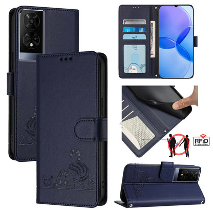 TCL 50 XE Leather Phone Case with Cat and Rat Embossed Pattern, RFID Protection, Card Holder Slots, Anti-fall Feature & Lanyard