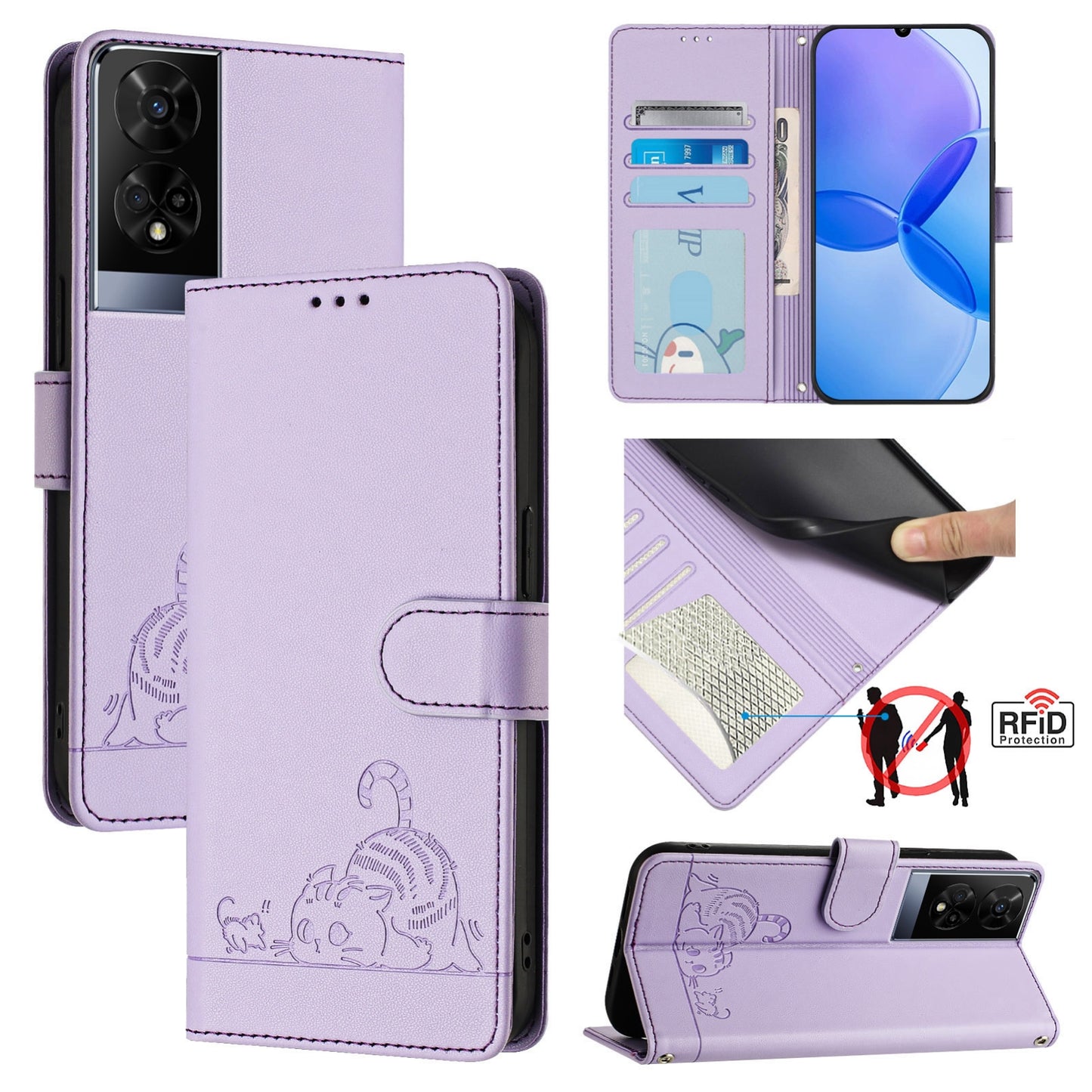 TCL 50 XE Leather Phone Case with Cat and Rat Embossed Pattern, RFID Protection, Card Holder Slots, Anti-fall Feature & Lanyard