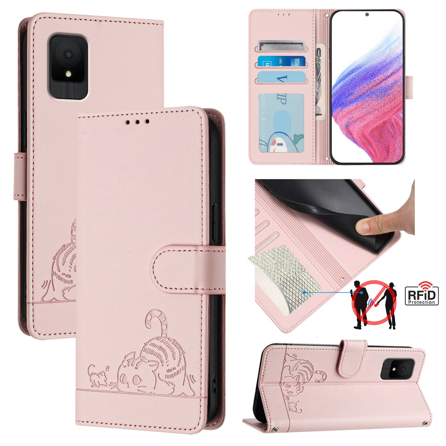 TCL 502 Leather Phone Case with Cat and Rat Embossed Pattern, RFID Protection, Card Holder Slots, Anti-fall Feature & Lanyard