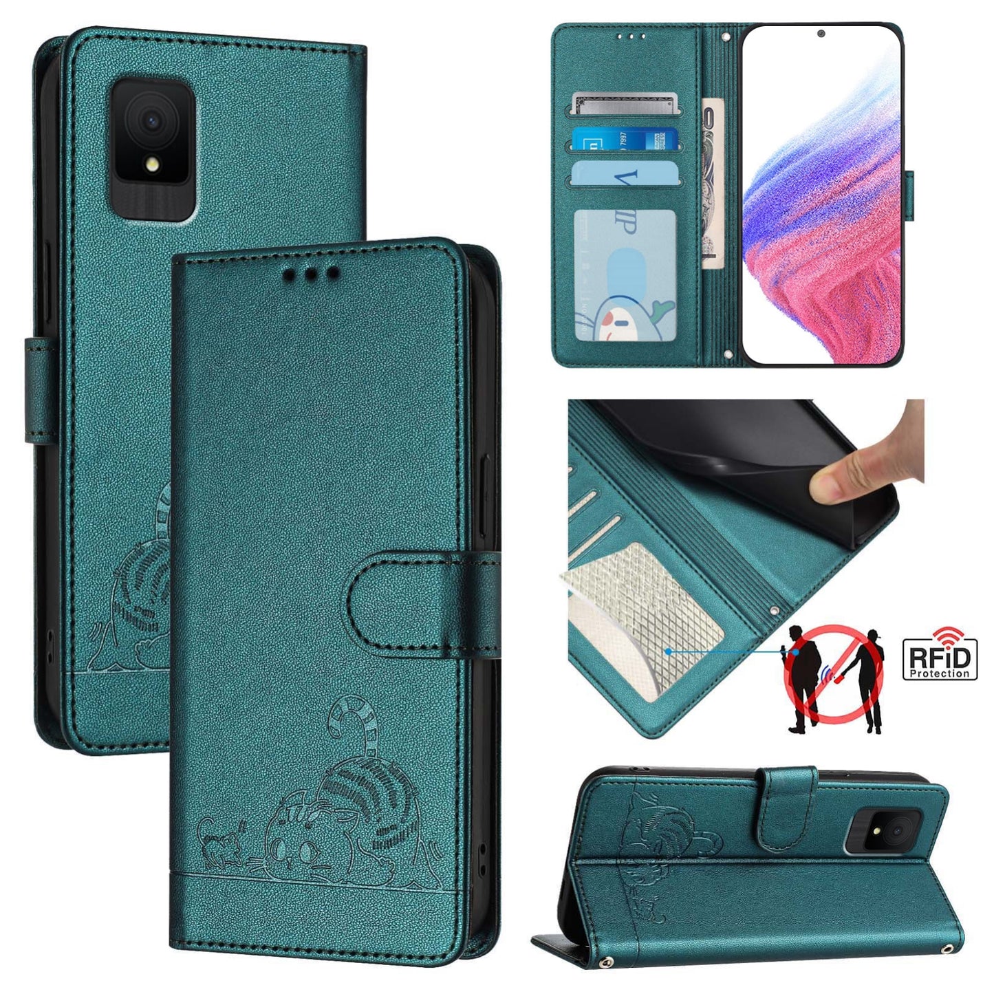 TCL 502 Leather Phone Case with Cat and Rat Embossed Pattern, RFID Protection, Card Holder Slots, Anti-fall Feature & Lanyard