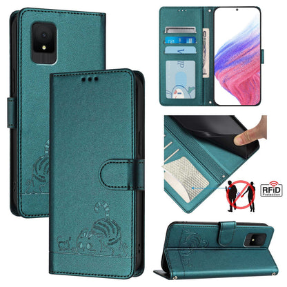 TCL 502 Leather Phone Case with Cat and Rat Embossed Pattern, RFID Protection, Card Holder Slots, Anti-fall Feature & Lanyard