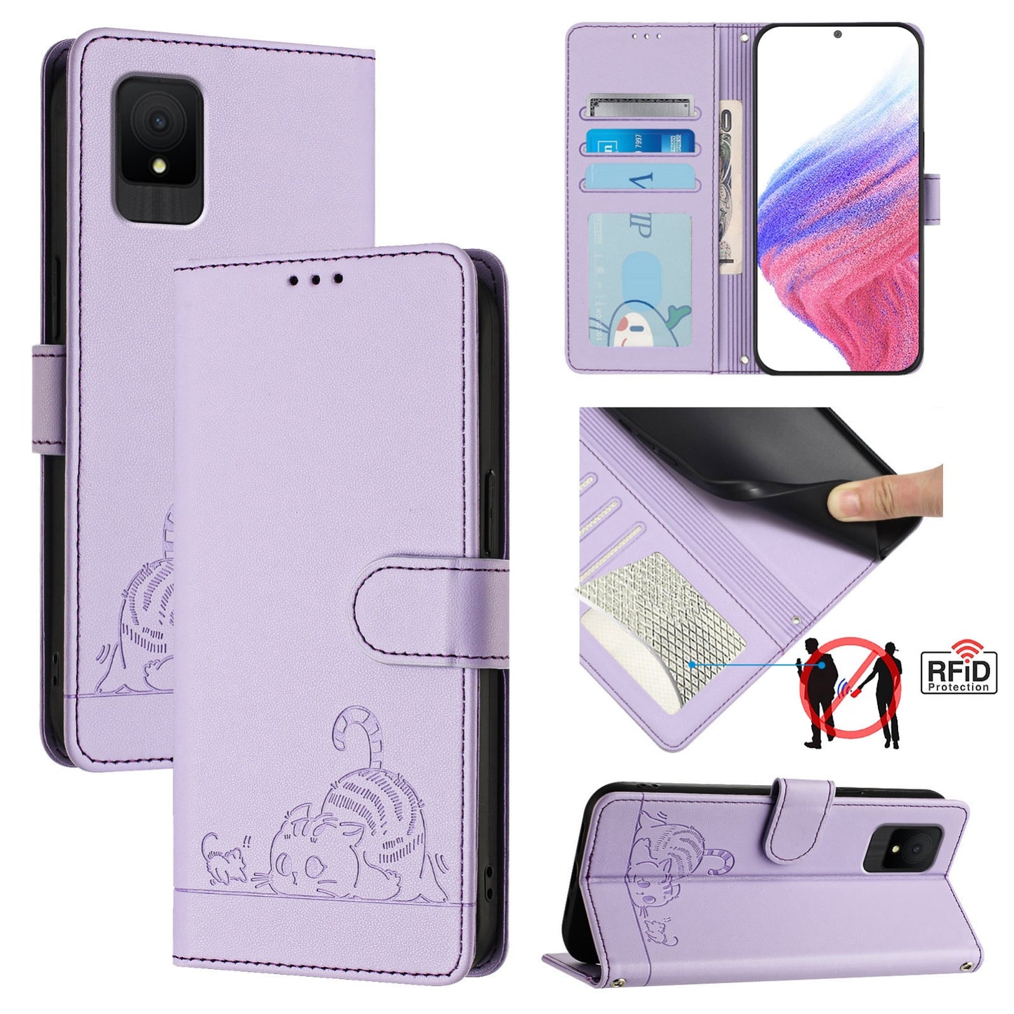 TCL 502 Leather Phone Case with Cat and Rat Embossed Pattern, RFID Protection, Card Holder Slots, Anti-fall Feature & Lanyard