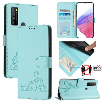 TCL 30 XL T701DL Leather Phone Case with Cat and Rat Embossed Pattern, RFID Protection, Card Holder Slots, Anti-fall Feature & Lanyard