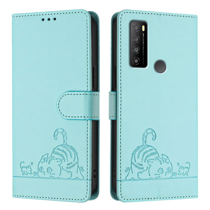 TCL 30 XL T701DL Leather Phone Case with Cat and Rat Embossed Pattern, RFID Protection, Card Holder Slots, Anti-fall Feature & Lanyard