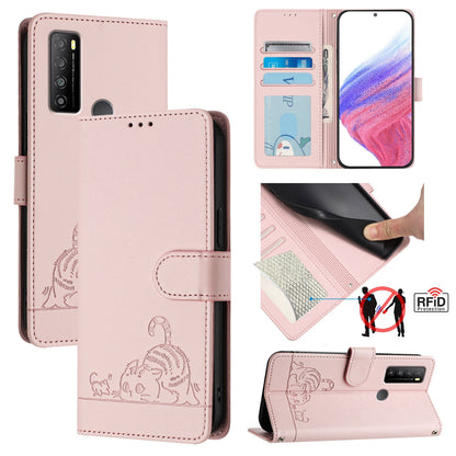 TCL 30 XL T701DL Leather Phone Case with Cat and Rat Embossed Pattern, RFID Protection, Card Holder Slots, Anti-fall Feature & Lanyard