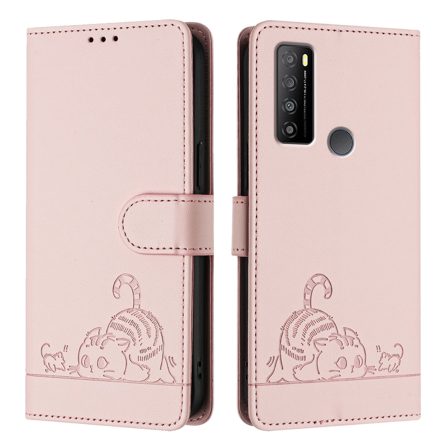 TCL 30 XL T701DL Leather Phone Case with Cat and Rat Embossed Pattern, RFID Protection, Card Holder Slots, Anti-fall Feature & Lanyard