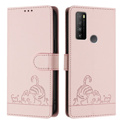 TCL 30 XL T701DL Leather Phone Case with Cat and Rat Embossed Pattern, RFID Protection, Card Holder Slots, Anti-fall Feature & Lanyard