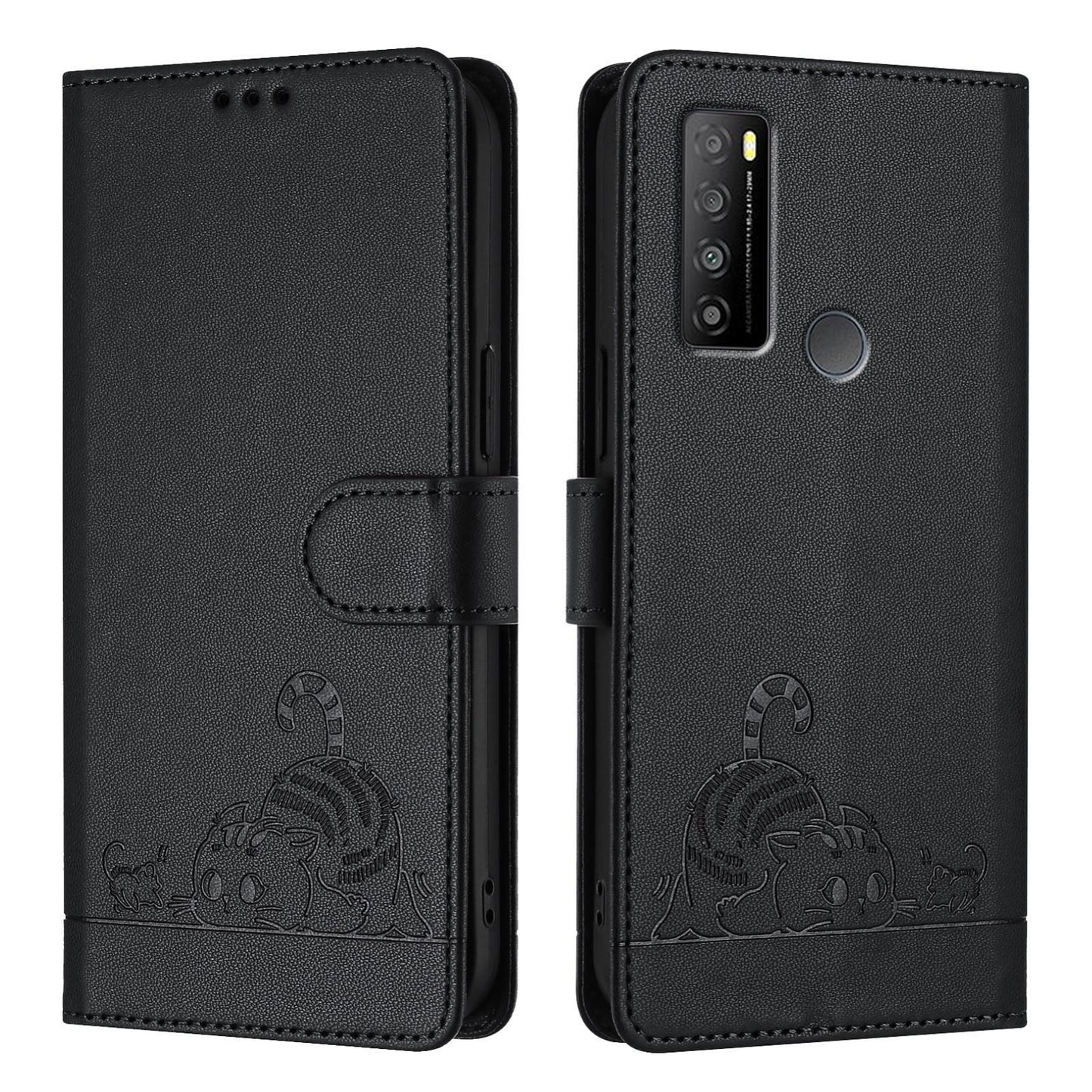 TCL 30 XL T701DL Leather Phone Case with Cat and Rat Embossed Pattern, RFID Protection, Card Holder Slots, Anti-fall Feature & Lanyard