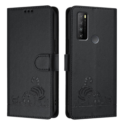 TCL 30 XL T701DL Leather Phone Case with Cat and Rat Embossed Pattern, RFID Protection, Card Holder Slots, Anti-fall Feature & Lanyard