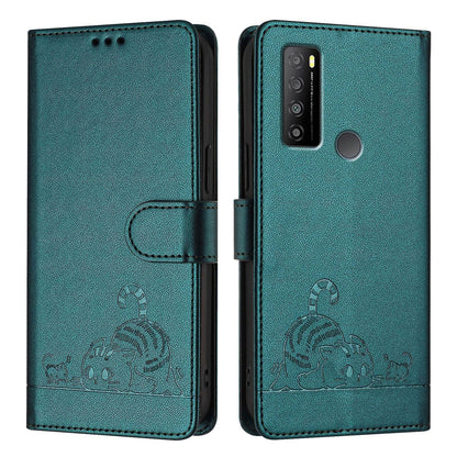 TCL 30 XL T701DL Leather Phone Case with Cat and Rat Embossed Pattern, RFID Protection, Card Holder Slots, Anti-fall Feature & Lanyard