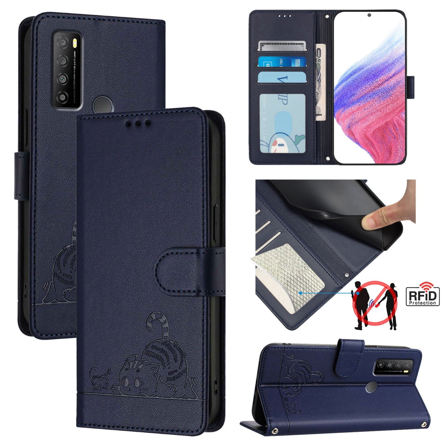 TCL 30 XL T701DL Leather Phone Case with Cat and Rat Embossed Pattern, RFID Protection, Card Holder Slots, Anti-fall Feature & Lanyard