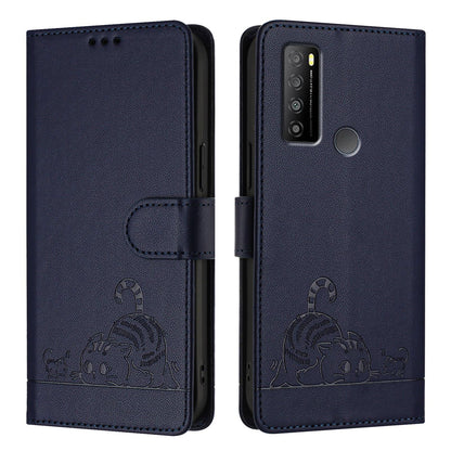 TCL 30 XL T701DL Leather Phone Case with Cat and Rat Embossed Pattern, RFID Protection, Card Holder Slots, Anti-fall Feature & Lanyard