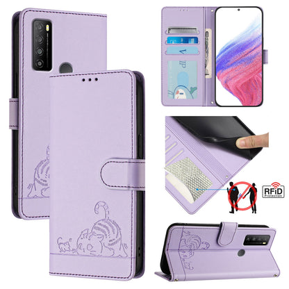 TCL 30 XL T701DL Leather Phone Case with Cat and Rat Embossed Pattern, RFID Protection, Card Holder Slots, Anti-fall Feature & Lanyard