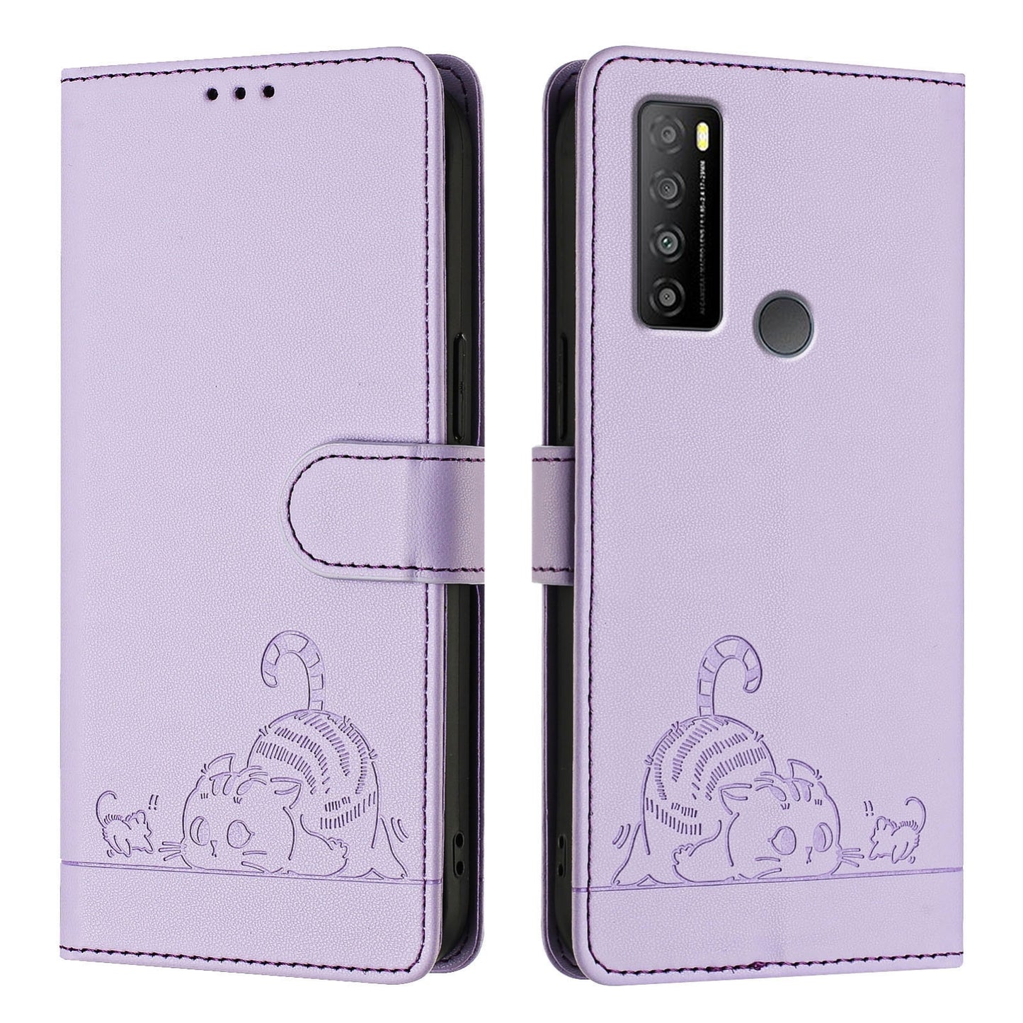 TCL 30 XL T701DL Leather Phone Case with Cat and Rat Embossed Pattern, RFID Protection, Card Holder Slots, Anti-fall Feature & Lanyard