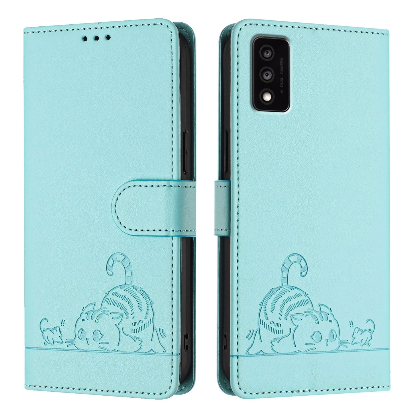 TCL 30T T603DL Leather Phone Case with Cat and Rat Embossed Pattern, RFID Protection, Card Holder Slots, Anti-fall Feature & Lanyard