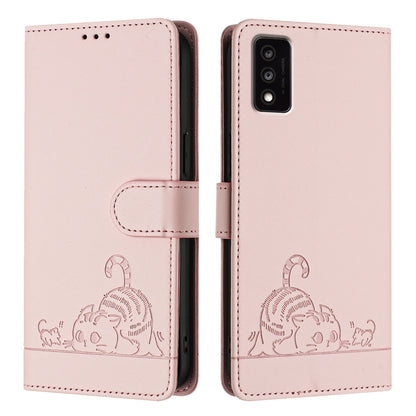 TCL 30T T603DL Leather Phone Case with Cat and Rat Embossed Pattern, RFID Protection, Card Holder Slots, Anti-fall Feature & Lanyard
