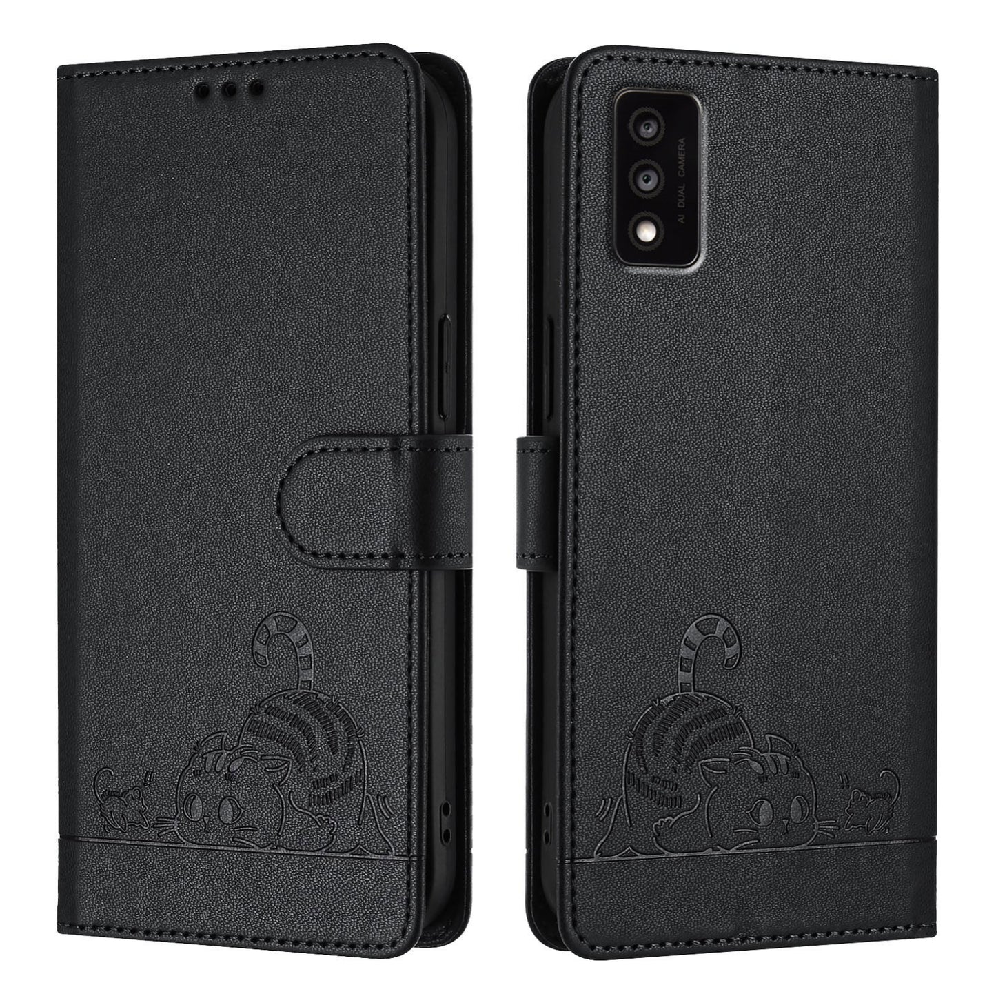 TCL 30T T603DL Leather Phone Case with Cat and Rat Embossed Pattern, RFID Protection, Card Holder Slots, Anti-fall Feature & Lanyard