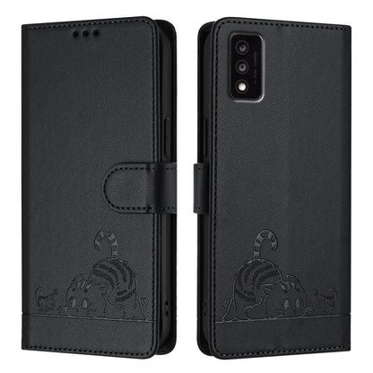 TCL 30T T603DL Leather Phone Case with Cat and Rat Embossed Pattern, RFID Protection, Card Holder Slots, Anti-fall Feature & Lanyard