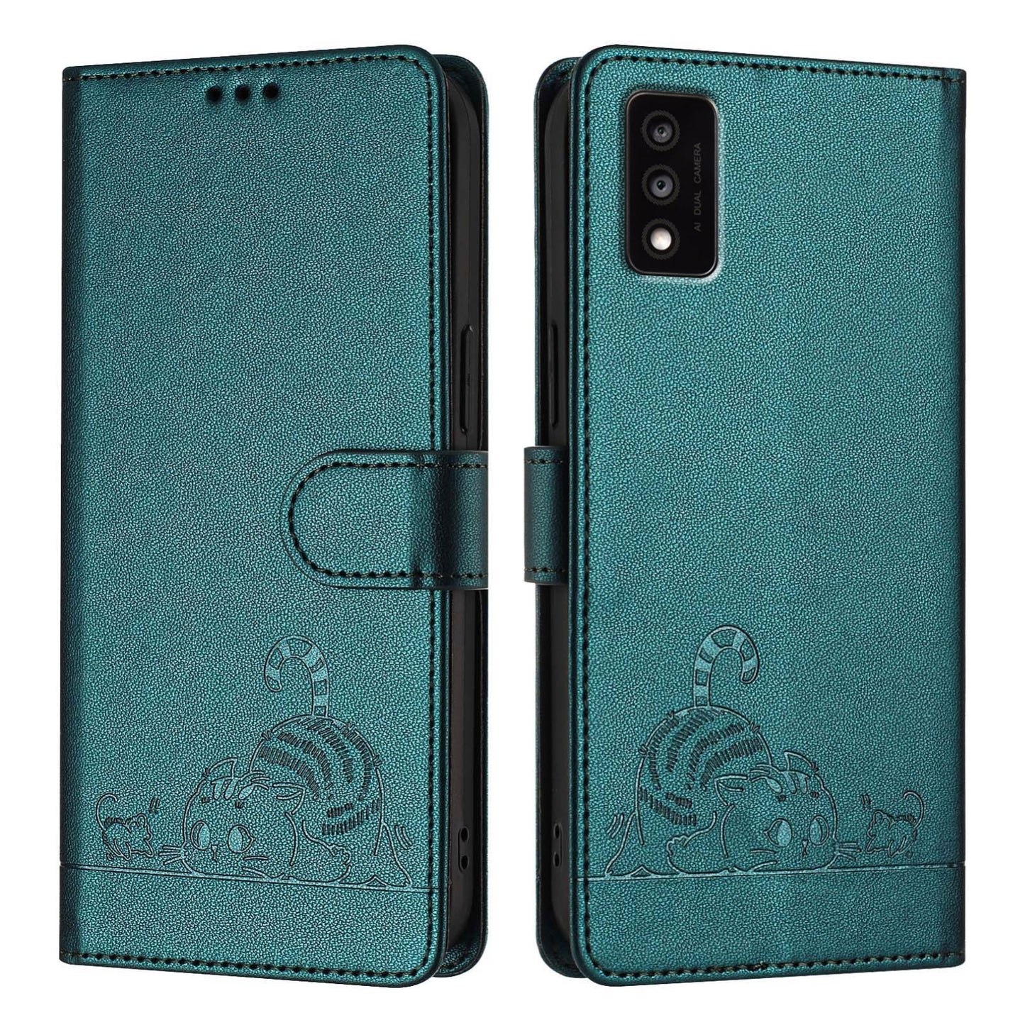 TCL 30T T603DL Leather Phone Case with Cat and Rat Embossed Pattern, RFID Protection, Card Holder Slots, Anti-fall Feature & Lanyard