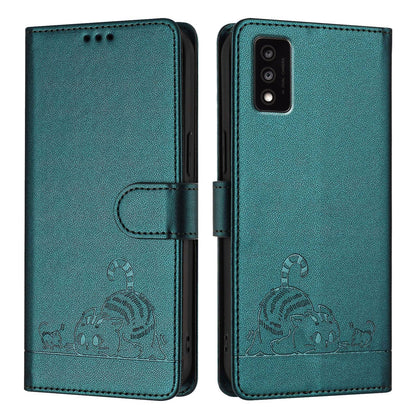 TCL 30T T603DL Leather Phone Case with Cat and Rat Embossed Pattern, RFID Protection, Card Holder Slots, Anti-fall Feature & Lanyard