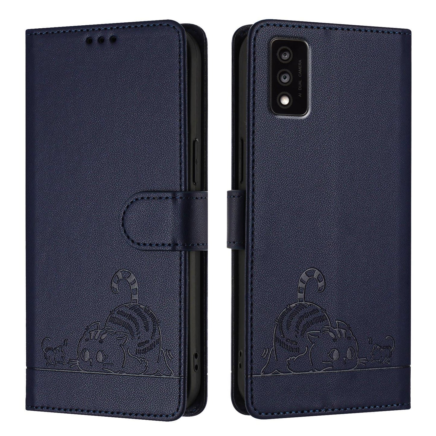 TCL 30T T603DL Leather Phone Case with Cat and Rat Embossed Pattern, RFID Protection, Card Holder Slots, Anti-fall Feature & Lanyard