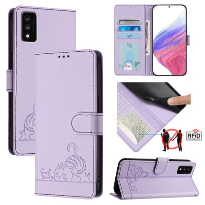 TCL 30T T603DL Leather Phone Case with Cat and Rat Embossed Pattern, RFID Protection, Card Holder Slots, Anti-fall Feature & Lanyard