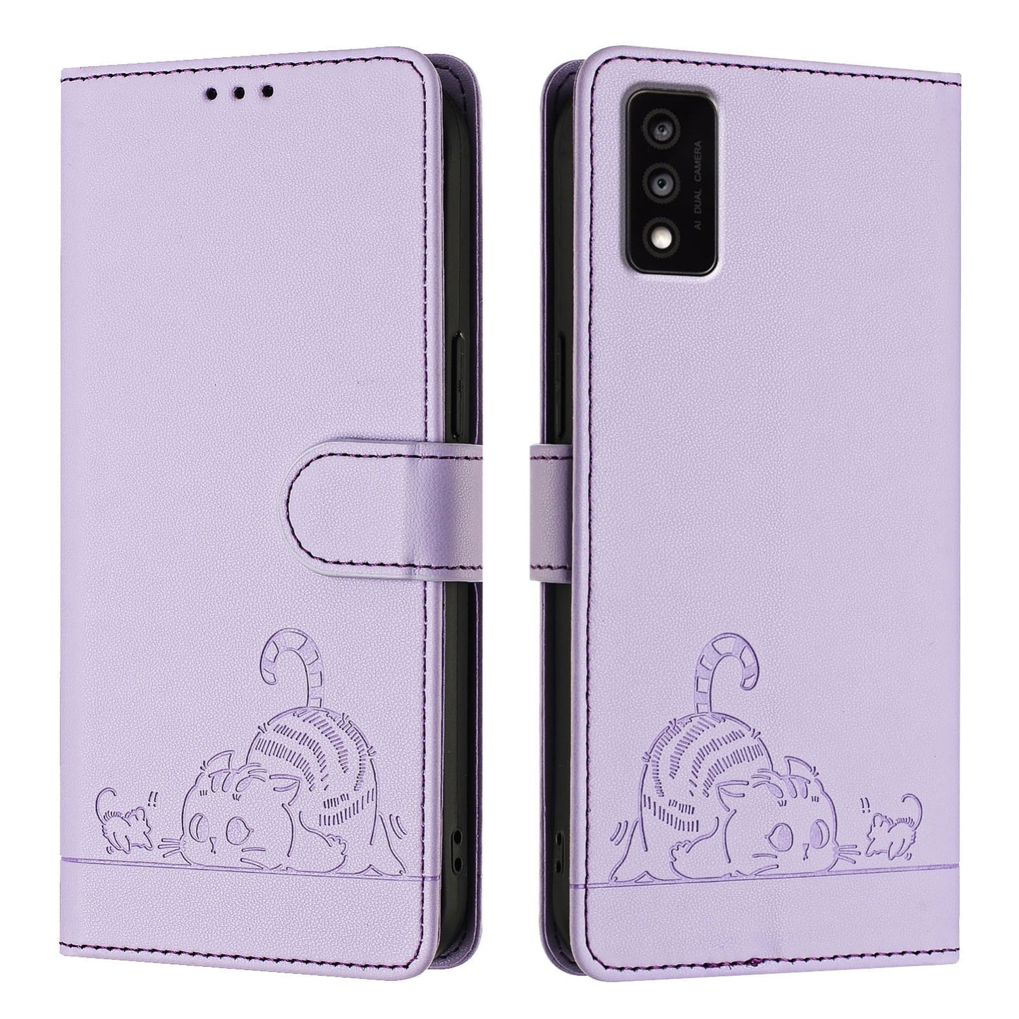 TCL 30T T603DL Leather Phone Case with Cat and Rat Embossed Pattern, RFID Protection, Card Holder Slots, Anti-fall Feature & Lanyard