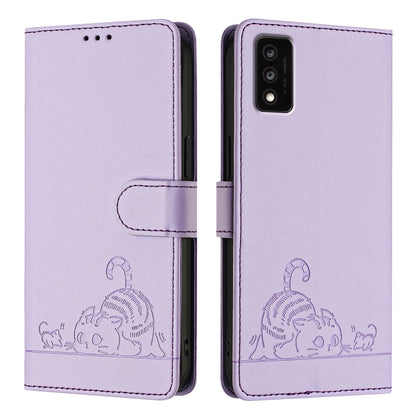 TCL 30T T603DL Leather Phone Case with Cat and Rat Embossed Pattern, RFID Protection, Card Holder Slots, Anti-fall Feature & Lanyard