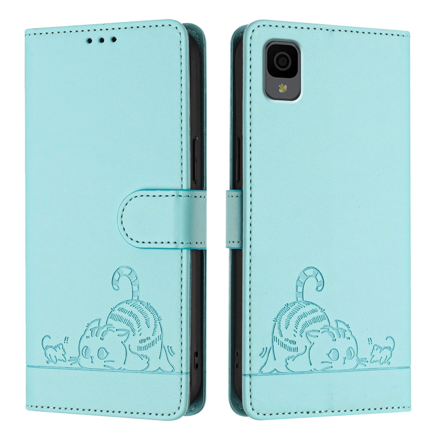 TCL 30Z T602DL Leather Phone Case with Cat and Rat Embossed Pattern, RFID Protection, Card Holder Slots, Anti-fall Feature & Lanyard