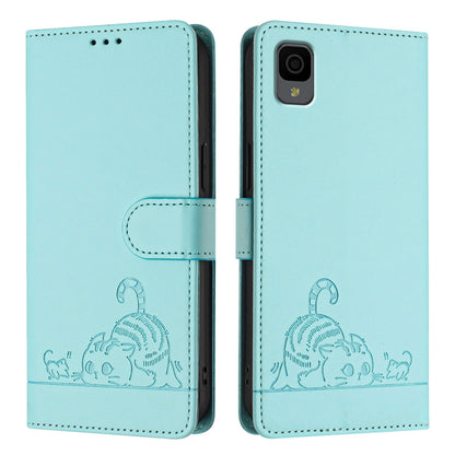 TCL 30Z T602DL Leather Phone Case with Cat and Rat Embossed Pattern, RFID Protection, Card Holder Slots, Anti-fall Feature & Lanyard