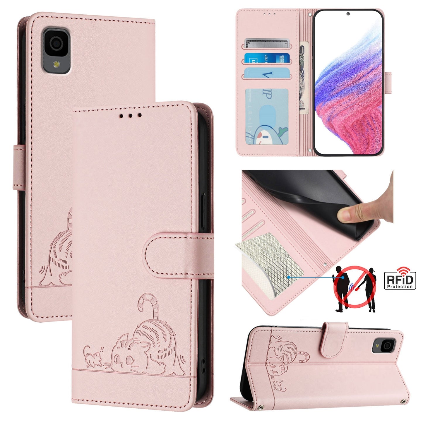 TCL 30Z T602DL Leather Phone Case with Cat and Rat Embossed Pattern, RFID Protection, Card Holder Slots, Anti-fall Feature & Lanyard