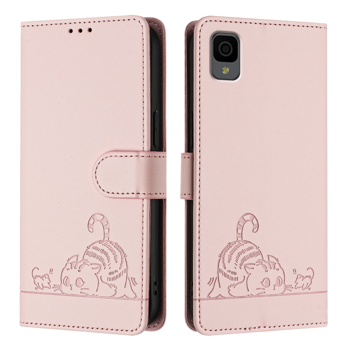 TCL 30Z T602DL Leather Phone Case with Cat and Rat Embossed Pattern, RFID Protection, Card Holder Slots, Anti-fall Feature & Lanyard