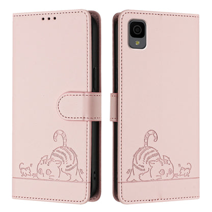 TCL 30Z T602DL Leather Phone Case with Cat and Rat Embossed Pattern, RFID Protection, Card Holder Slots, Anti-fall Feature & Lanyard