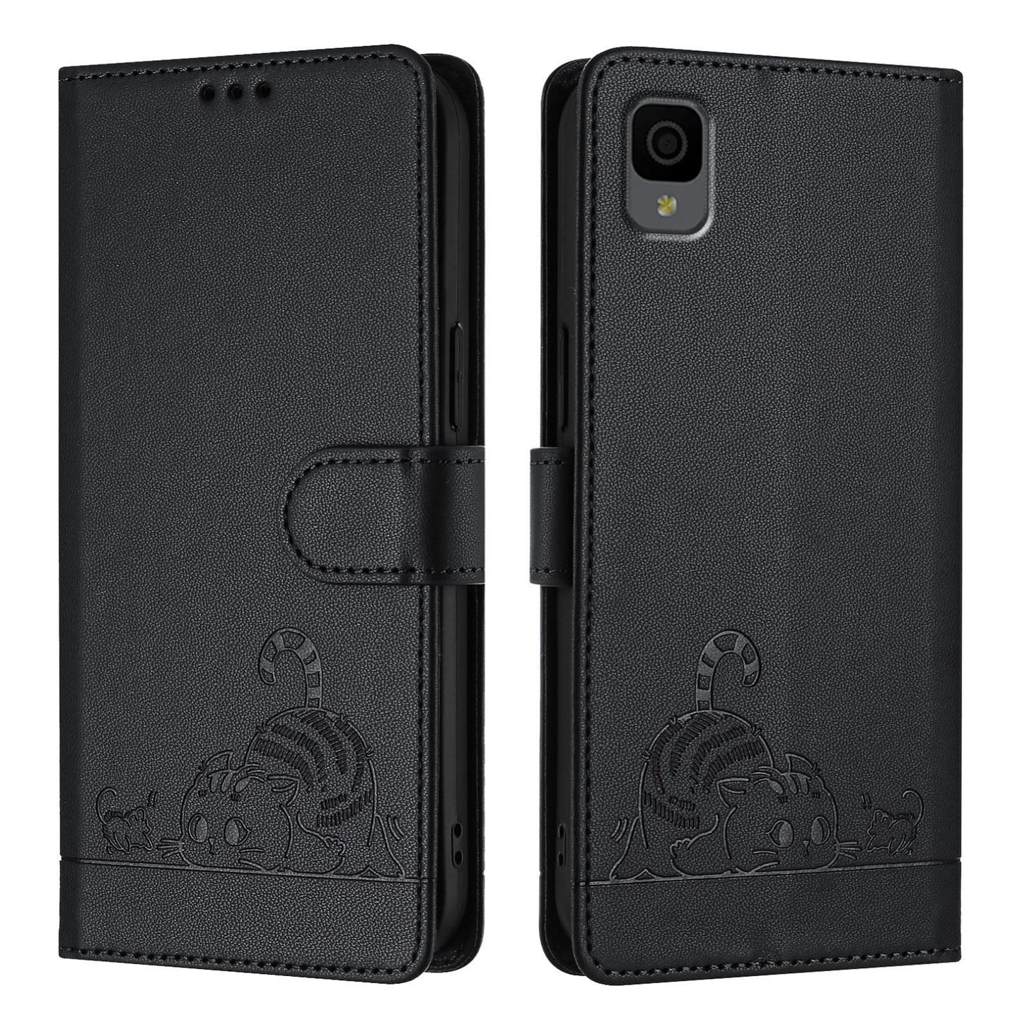 TCL 30Z T602DL Leather Phone Case with Cat and Rat Embossed Pattern, RFID Protection, Card Holder Slots, Anti-fall Feature & Lanyard
