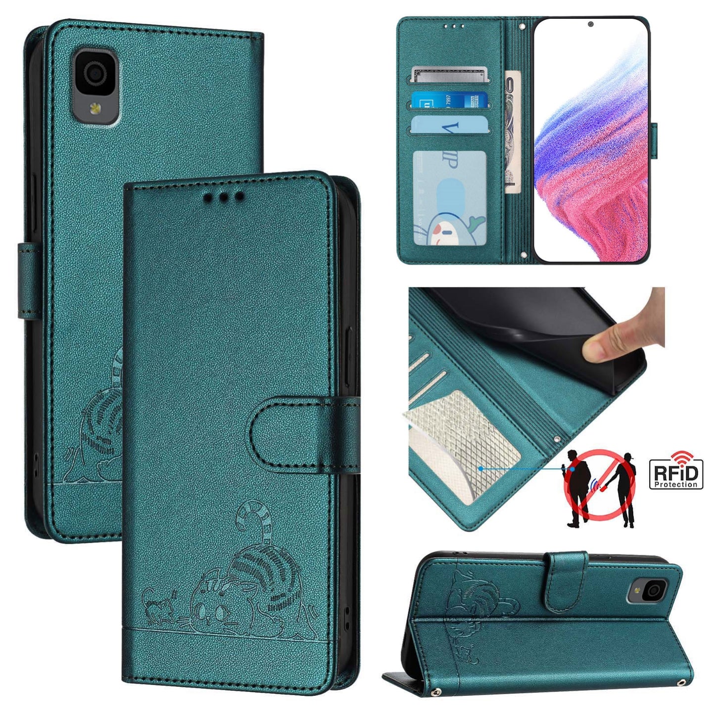 TCL 30Z T602DL Leather Phone Case with Cat and Rat Embossed Pattern, RFID Protection, Card Holder Slots, Anti-fall Feature & Lanyard