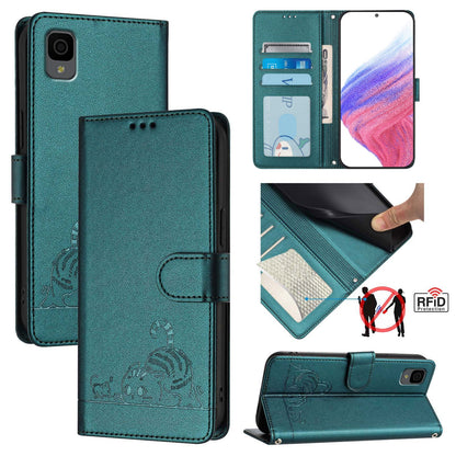 TCL 30Z T602DL Leather Phone Case with Cat and Rat Embossed Pattern, RFID Protection, Card Holder Slots, Anti-fall Feature & Lanyard