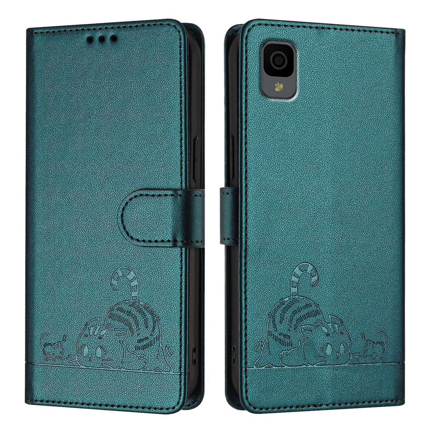 TCL 30Z T602DL Leather Phone Case with Cat and Rat Embossed Pattern, RFID Protection, Card Holder Slots, Anti-fall Feature & Lanyard