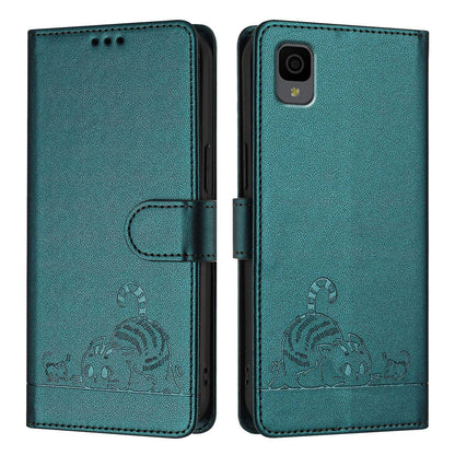 TCL 30Z T602DL Leather Phone Case with Cat and Rat Embossed Pattern, RFID Protection, Card Holder Slots, Anti-fall Feature & Lanyard