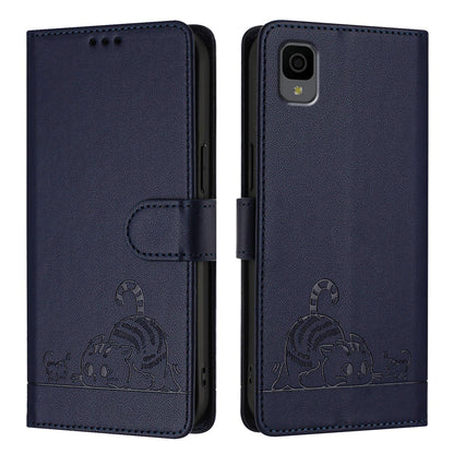 TCL 30Z T602DL Leather Phone Case with Cat and Rat Embossed Pattern, RFID Protection, Card Holder Slots, Anti-fall Feature & Lanyard