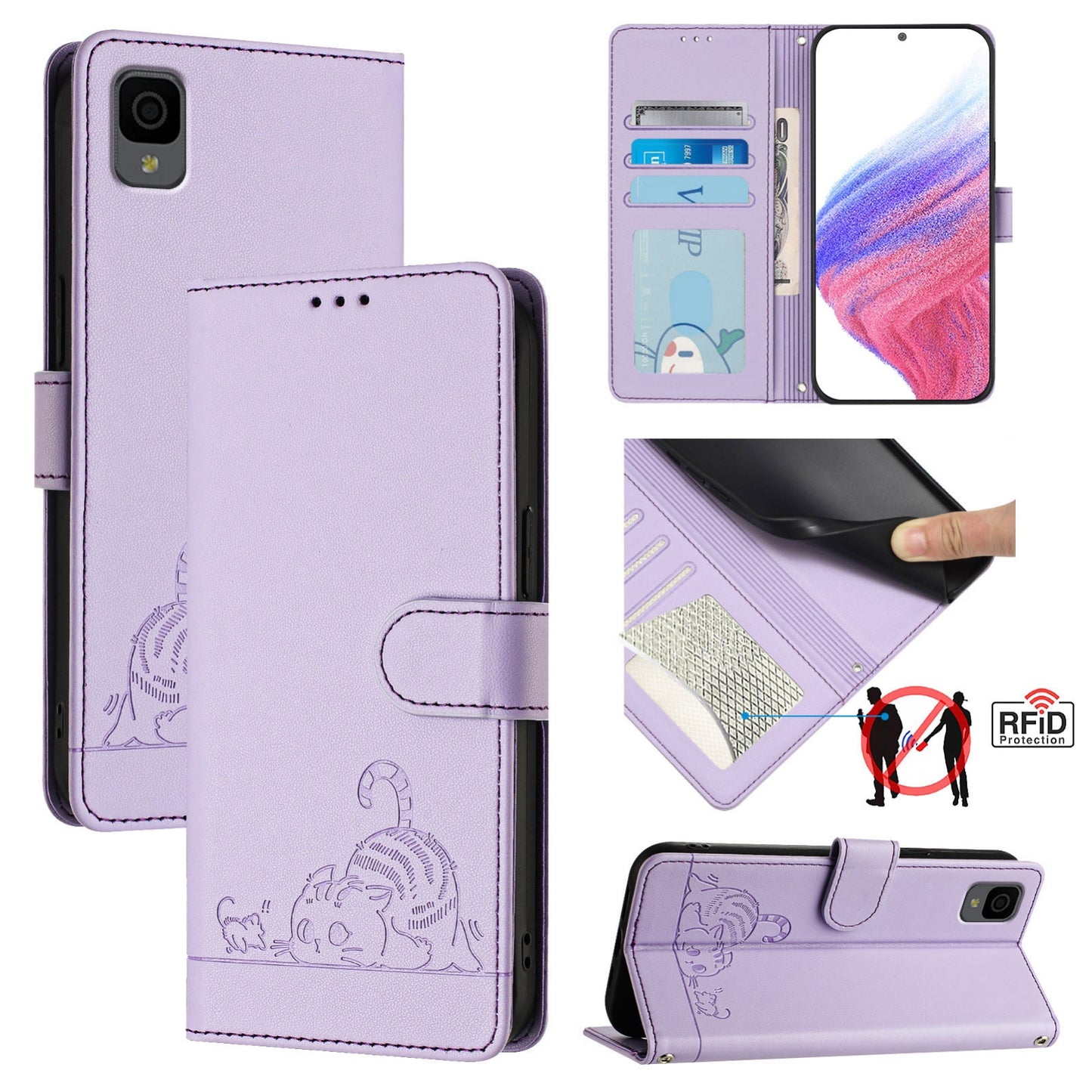 TCL 30Z T602DL Leather Phone Case with Cat and Rat Embossed Pattern, RFID Protection, Card Holder Slots, Anti-fall Feature & Lanyard